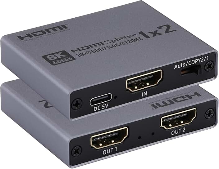 2025 8K HDMI 2.1 Splitter 1 In 2 Out, 4K@120Hz
