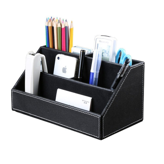 Five-piece black desk organizer set with accessories
