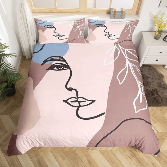Abstract Woman Comforter Cover,Modern Boho Mid Century Duvet Cover Queen,Minimalist Art Aesthetic Quilt Cover Kids Boys Girl 3pcs Terracotta Geometric Face Bedding Set Bedroom Decor,Coffee Black Beige