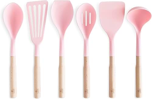 7-Piece Pink Nylon and Wood Kitchen Utensil Set