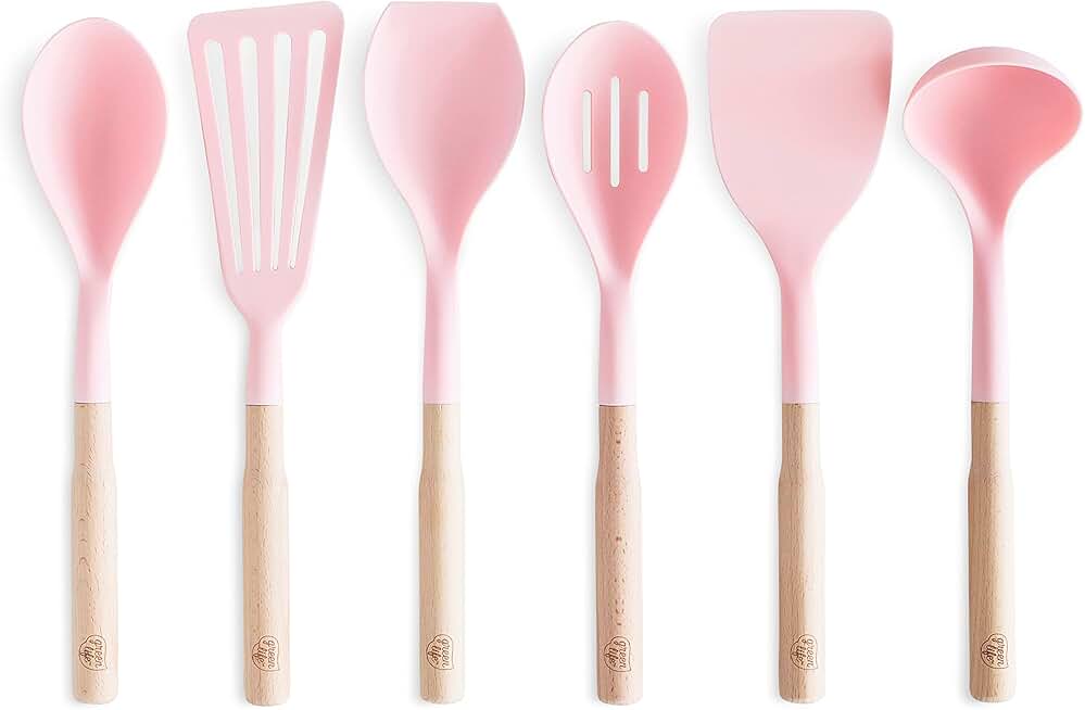 7-Piece Pink Nylon and Wood Kitchen Utensil Set