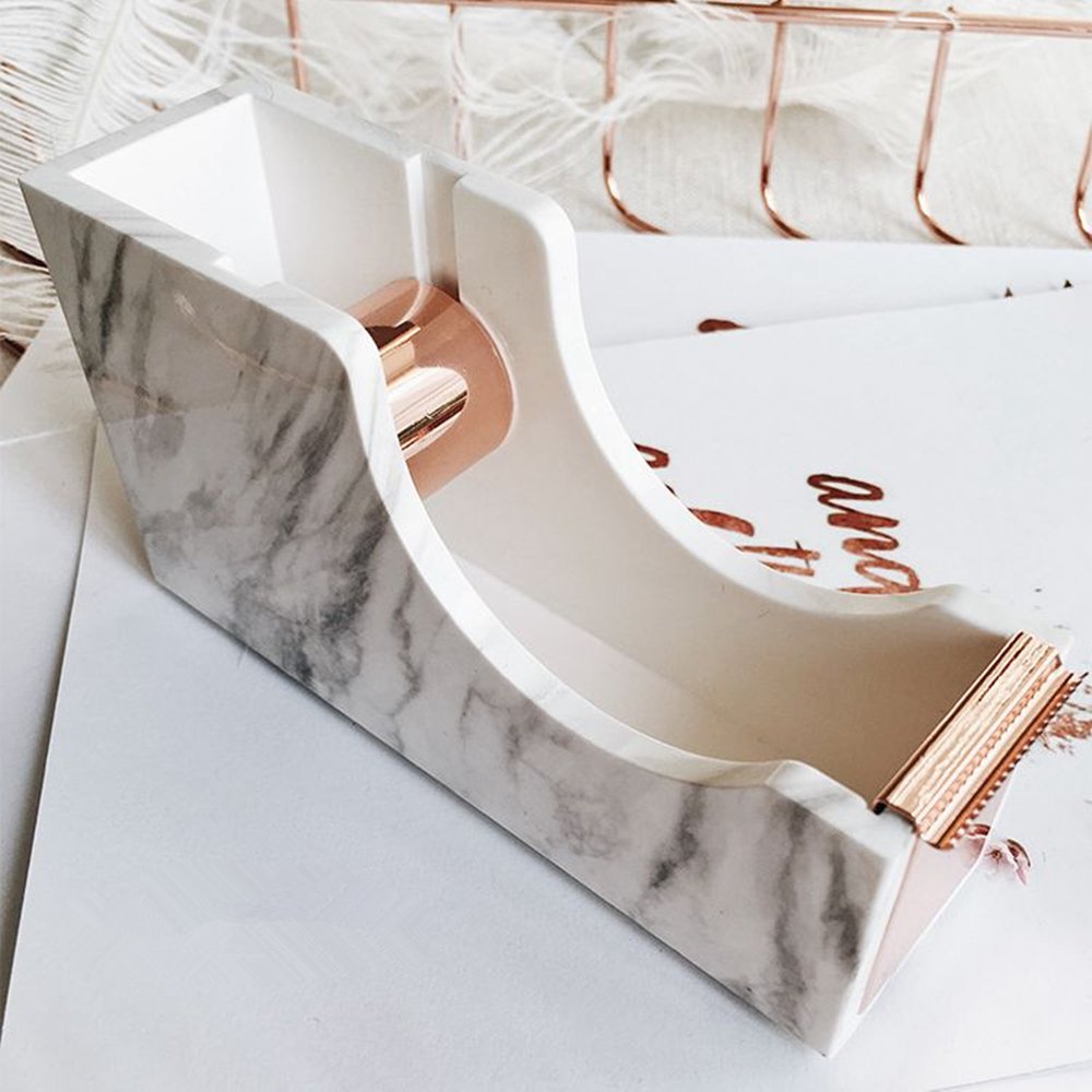 White marble print desktop tape dispenser with rose gold tone