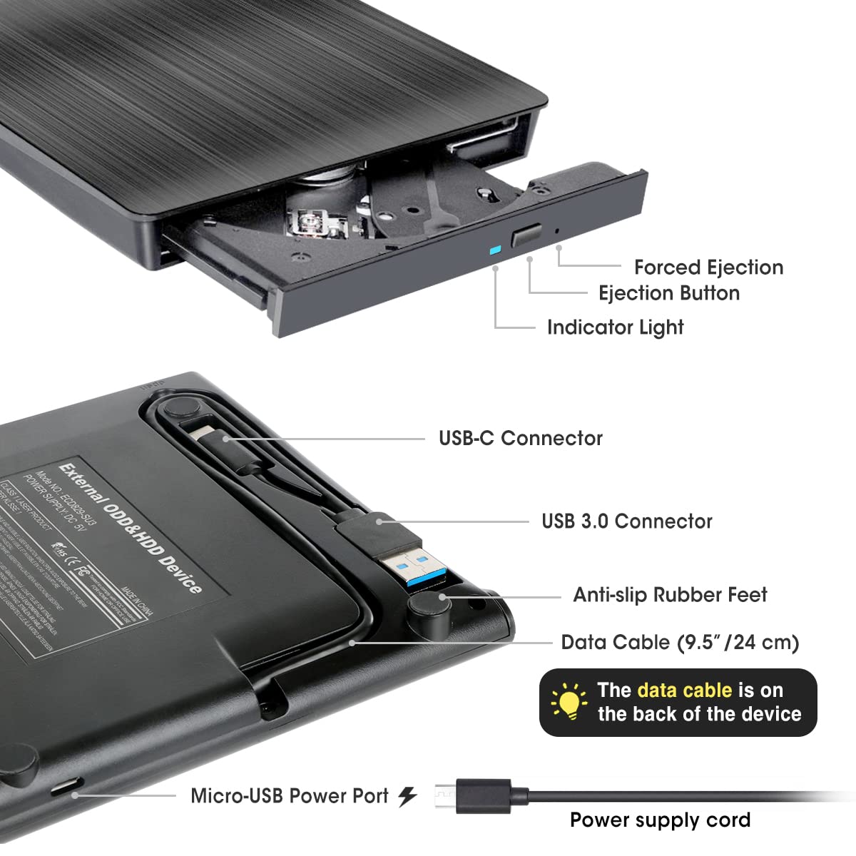 External CD DVD +/-RW Drive USB 3.0 Type-C Portable CD/DVD Optical Drive Player Reader Writer Burner with Protective Carrying Case for Mac MacBook Pro/Air, iMac, Windows 11/10 Laptop Desktop