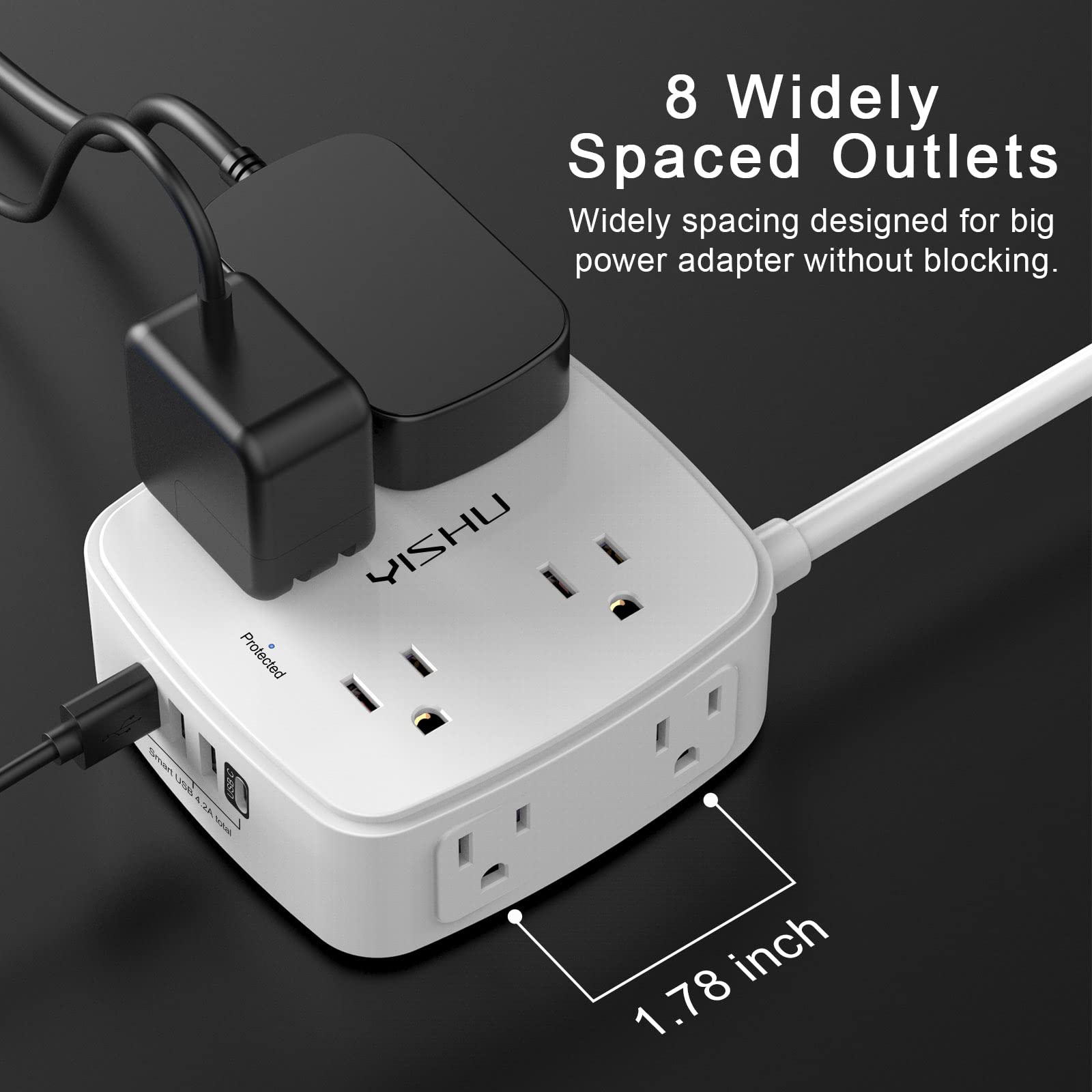 6 Ft Surge Protector Power Strip - 8 Widely Outlets with 4 USB Ports, 3 Side Outlet Extender with 6 Feet Extension Cord, Flat Plug, Wall Mount, Desk USB Charging Station, ETL ,White