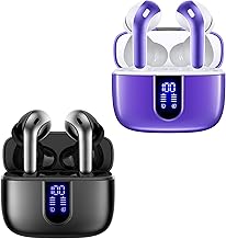Black and purple true wireless earbuds with charging case