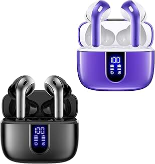 Black and purple true wireless earbuds with charging case