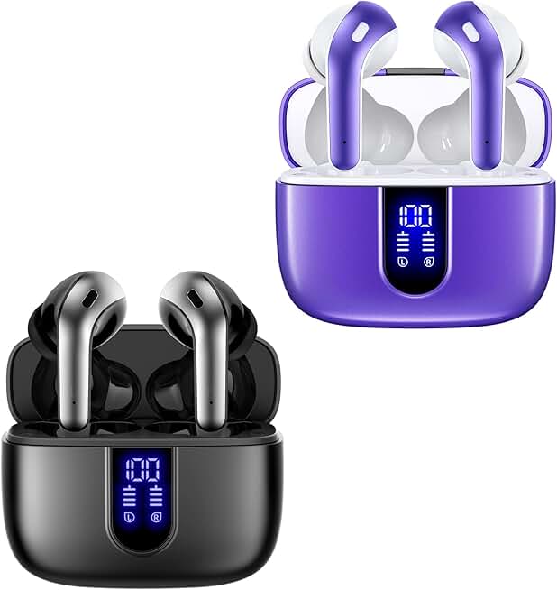 Black and purple true wireless earbuds with charging case