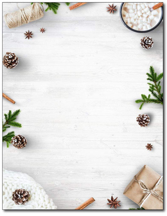 White Holiday Stationery with Pinecones and Cinnamon, 80 Sheets
