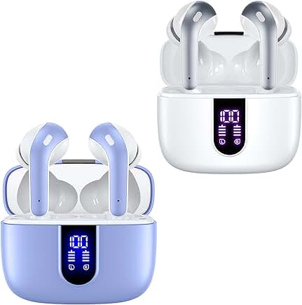 White and purple true wireless earbuds with charging case