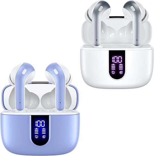 White and purple true wireless earbuds with charging case