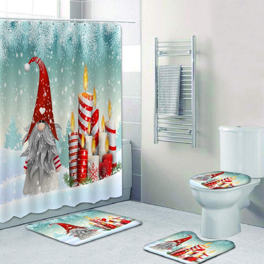 4Pcs Shower Curtain Sets with Non- Rug, Tet Lid Cover and Bath Mat, Cute Gnome Snowman Candle Winter Snowflake Shower Curtain with 12 Hooks for Bathroom Decoration