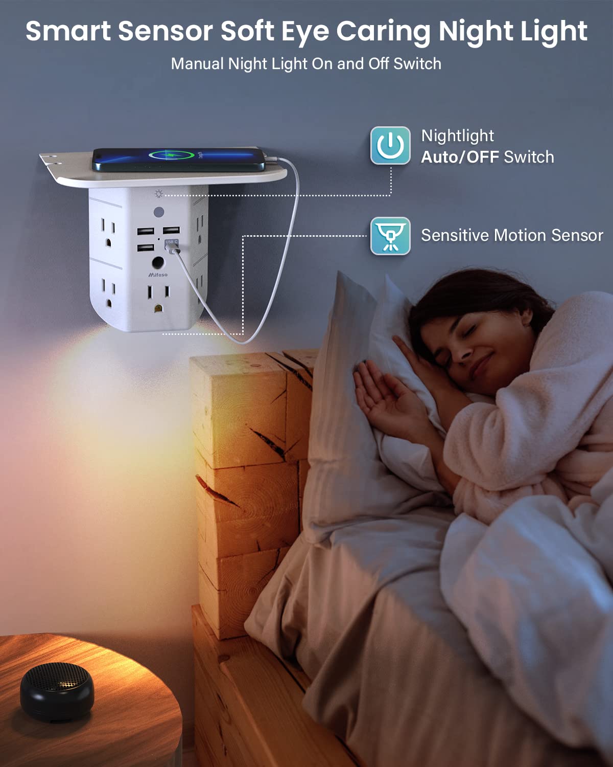 Wall Outlet Extender with Shelf and Night Light,Surge Protector,USB Wall Charger with 5 USB Outlets and 3 USB Ports 1 USB C Outlet Wide Space 3-Sided Power Strip Multi Plug Outlets