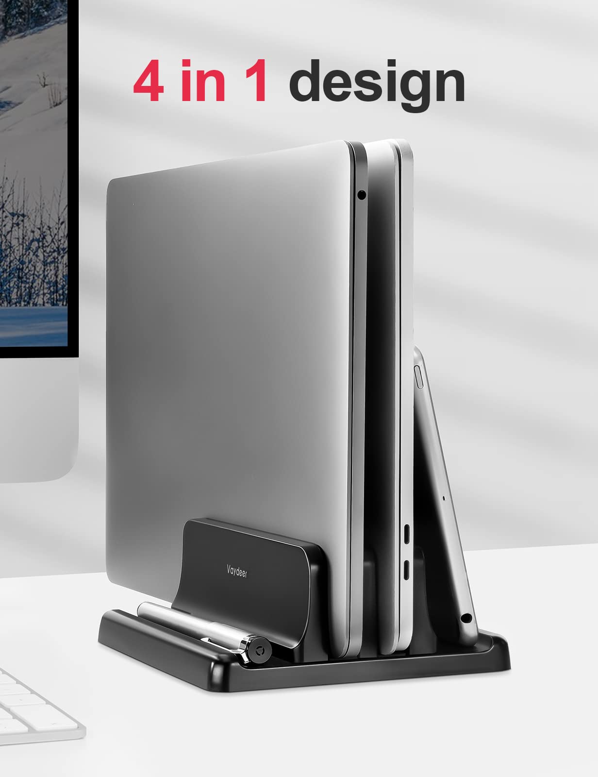 Plastic Dual-Slot Adjustable Vertical Laptop Stand 3 in 1 Design Space-Saving for All MacBook/Chromebook/Surface/Dell/iPad Up to 17.3 Inches - Black