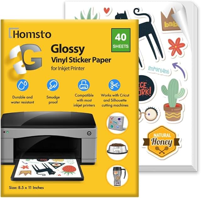 Glossy Printable Vinyl Sticker Paper, 8.5x11, 40 Sheets