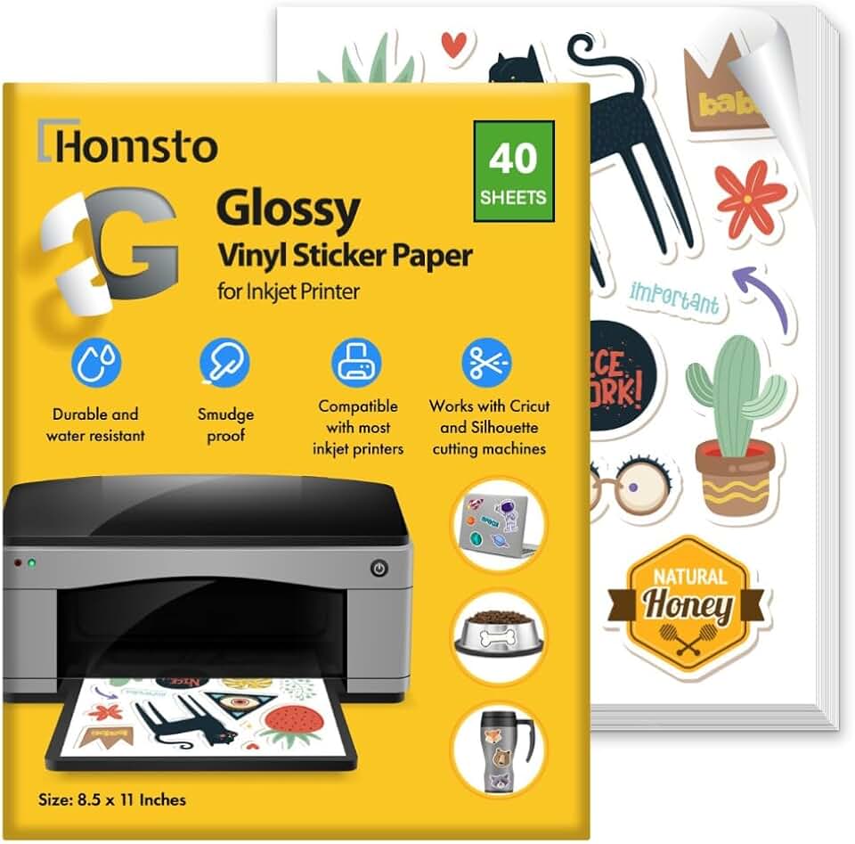 Glossy Printable Vinyl Sticker Paper, 8.5x11, 40 Sheets