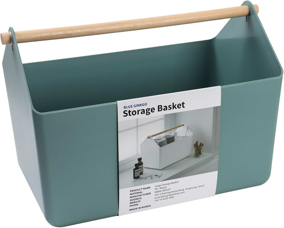 Large Green Plastic Storage Basket with Wooden Handle
