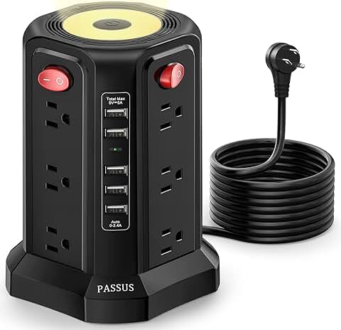 Power Strip Tower with USB Ports and Night Light
