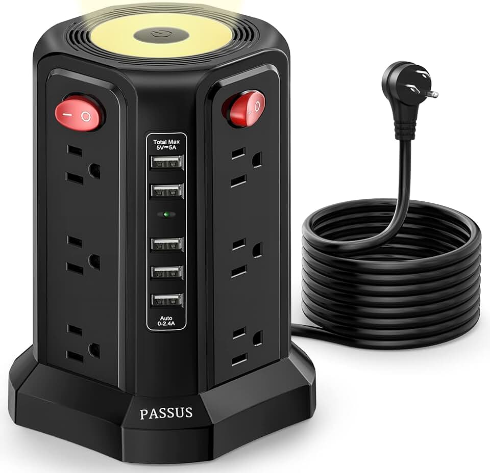 Power Strip Tower with USB Ports and Night Light