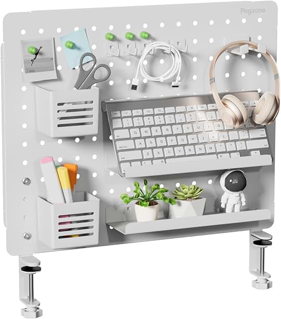Clamp-on desk pegboard with accessories, white, 20.4" x 16.5"