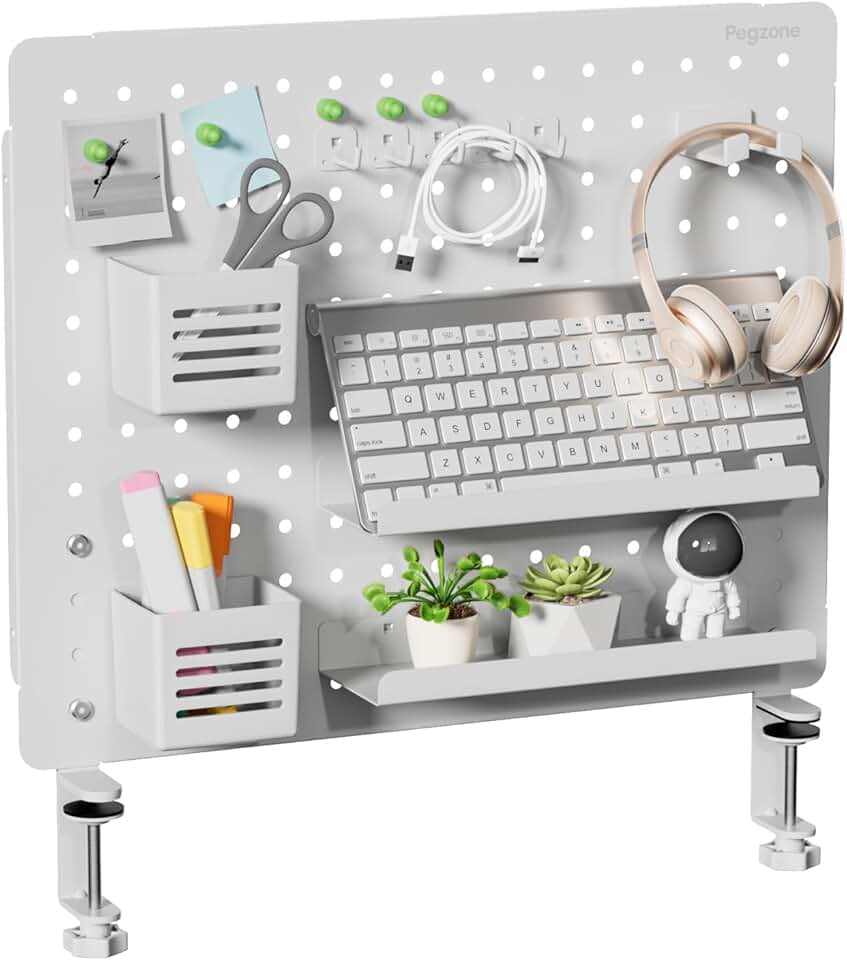 Clamp-on desk pegboard with accessories, white, 20.4" x 16.5"