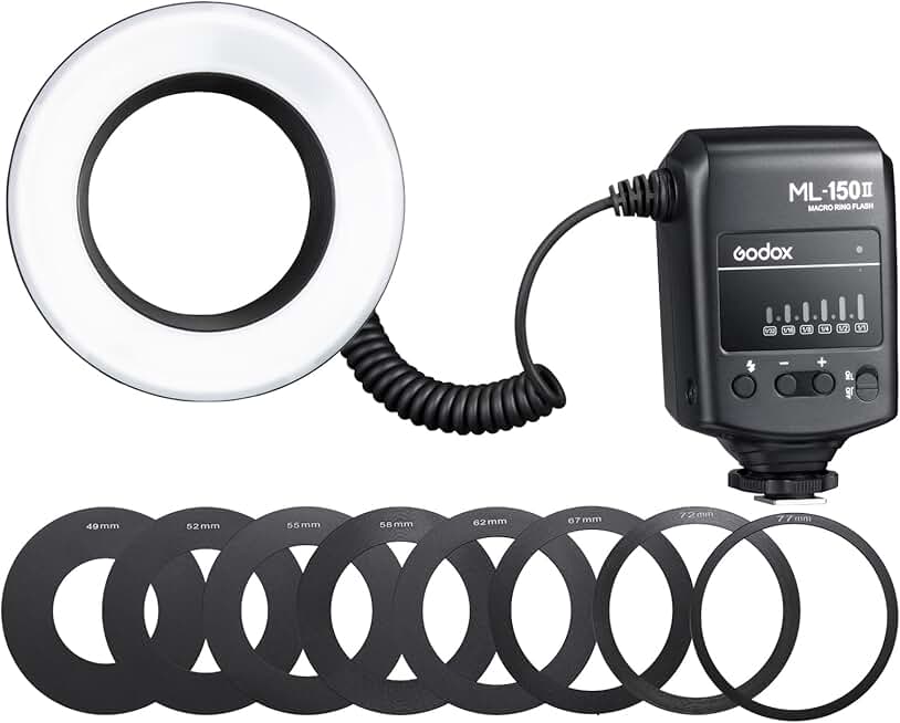 Macro ring flash light with lens adapter rings