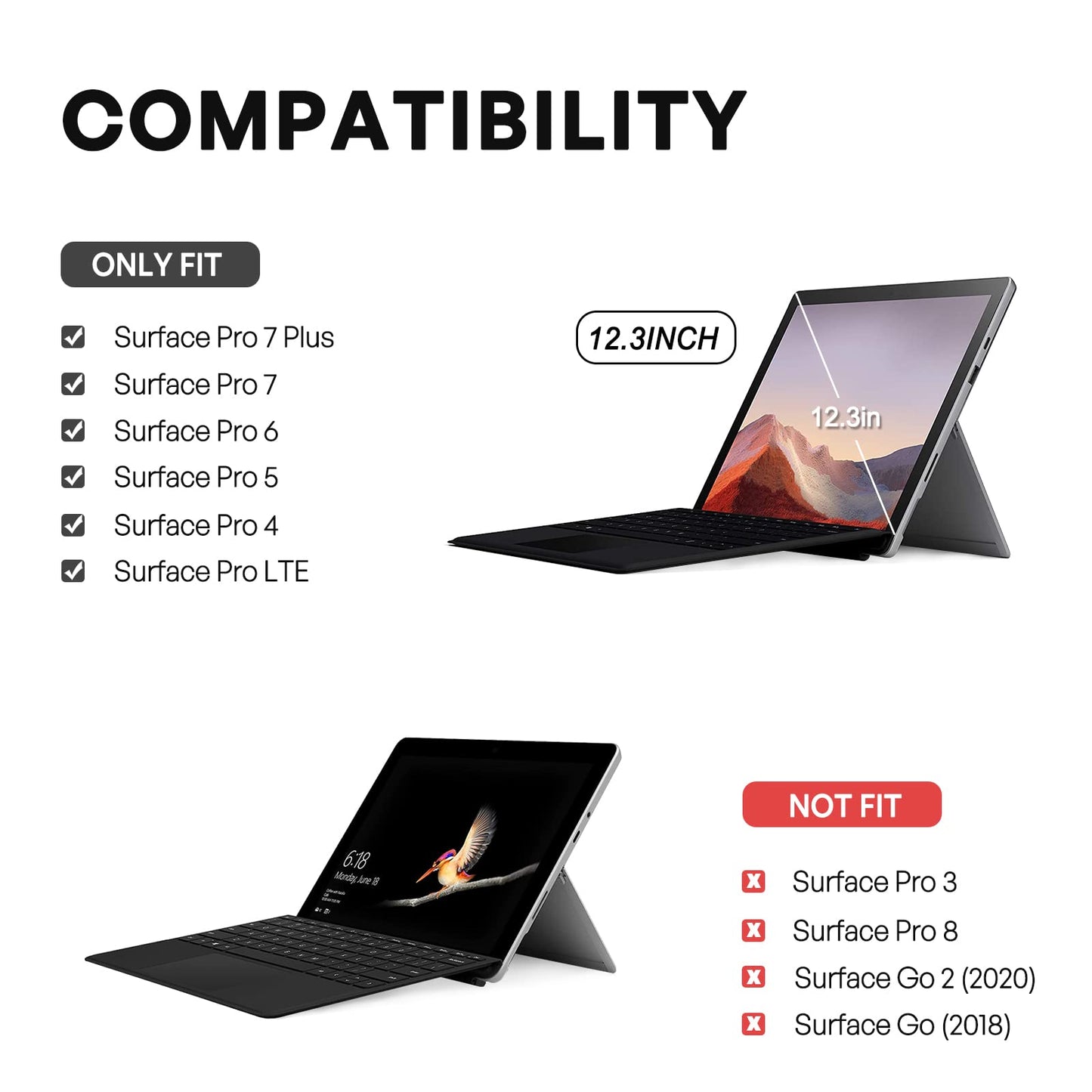 Case for 12.3" Microsoft Surface Pro 7 Plus, Pro 7, Pro 6, Pro 5, Pro 2017, Pro 4, Pro LTE, Rugged Protective Cover with Pencil Holder, Hand Strap, Compatible with Type Cover Keyboard -Black