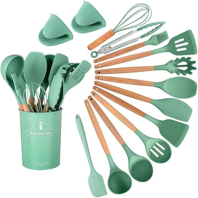 15-Piece Silicone and Wooden Handle Kitchen Utensils Set