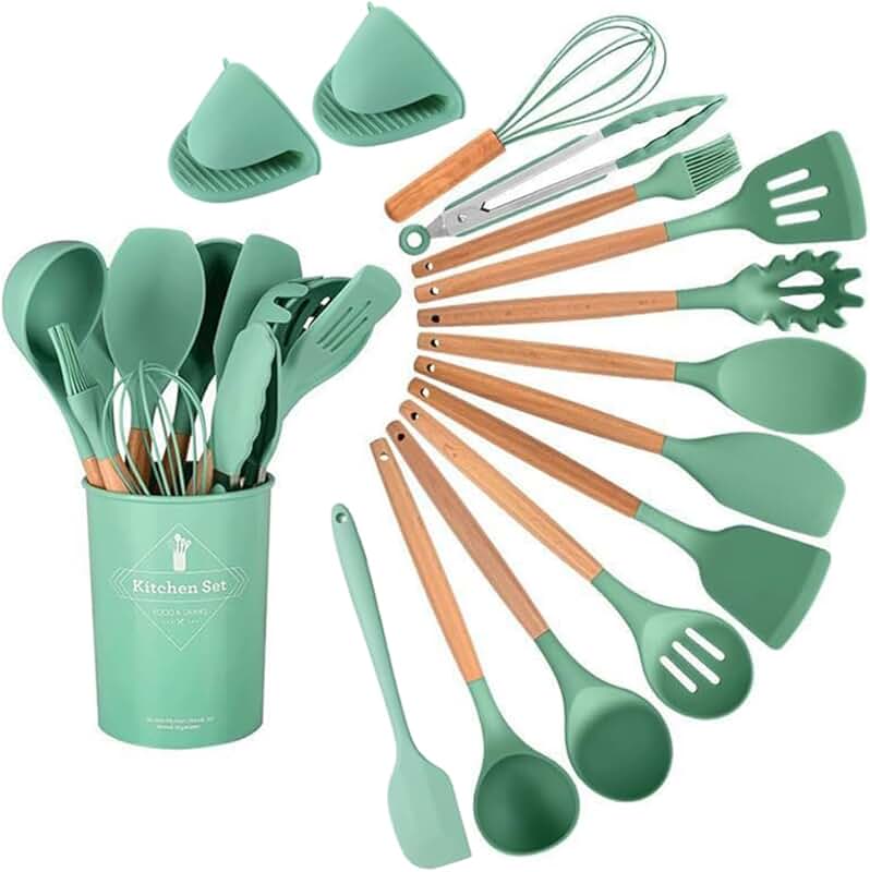 15-Piece Silicone and Wooden Handle Kitchen Utensils Set