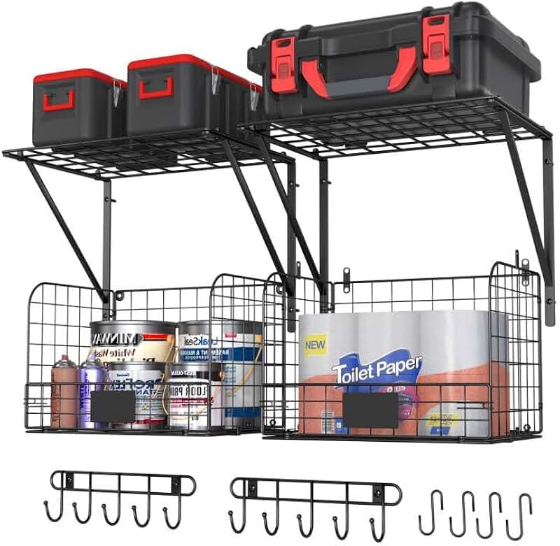 Two Wall-Mounted Garage Shelves with Wire Baskets
