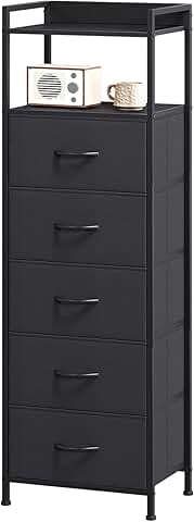 Tall bedroom nightstand with five drawers and fabric organizer