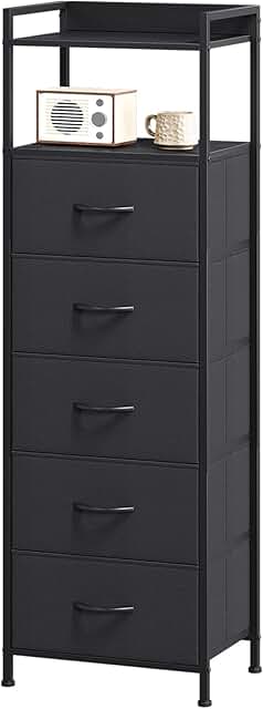 Tall bedroom nightstand with five drawers and fabric organizer