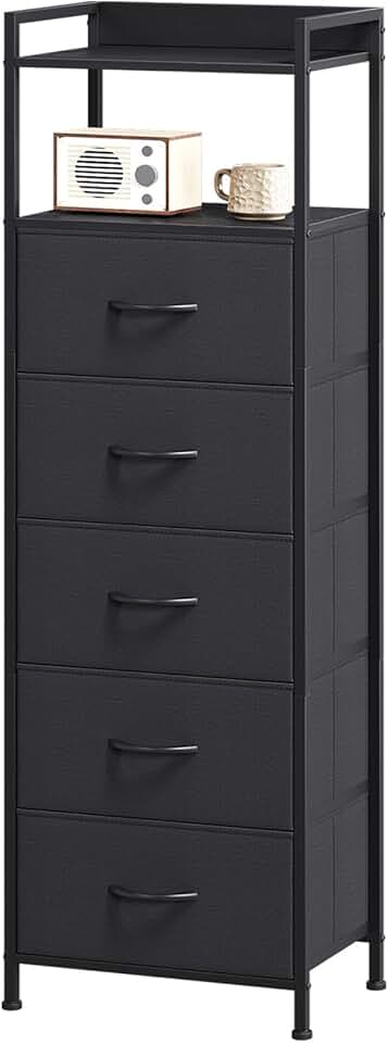Tall bedroom nightstand with five drawers and fabric organizer