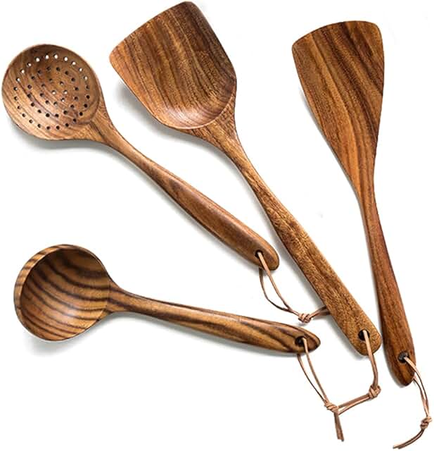 Set of 4 Natural Teak Wooden Cooking Spoons