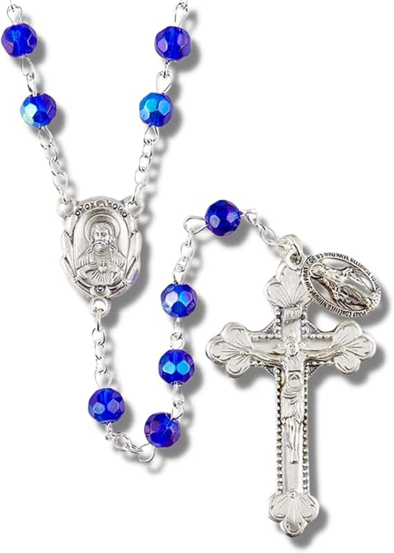 Blue fire-polished sapphire glass rosary with Sacred Heart centerpiece, 20 inches