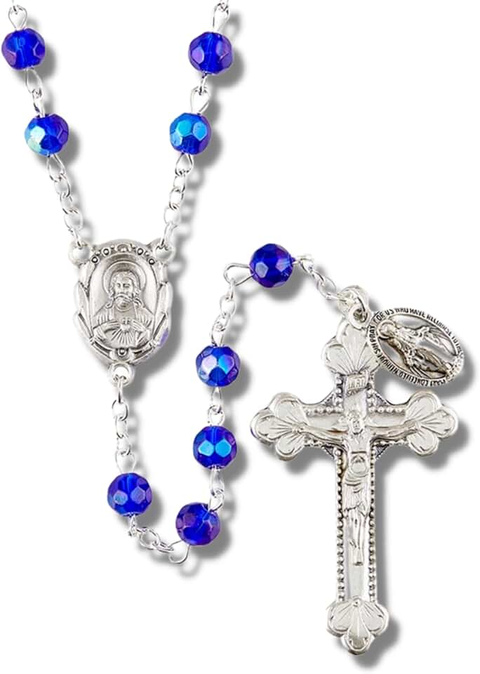 Blue fire-polished sapphire glass rosary with Sacred Heart centerpiece, 20 inches