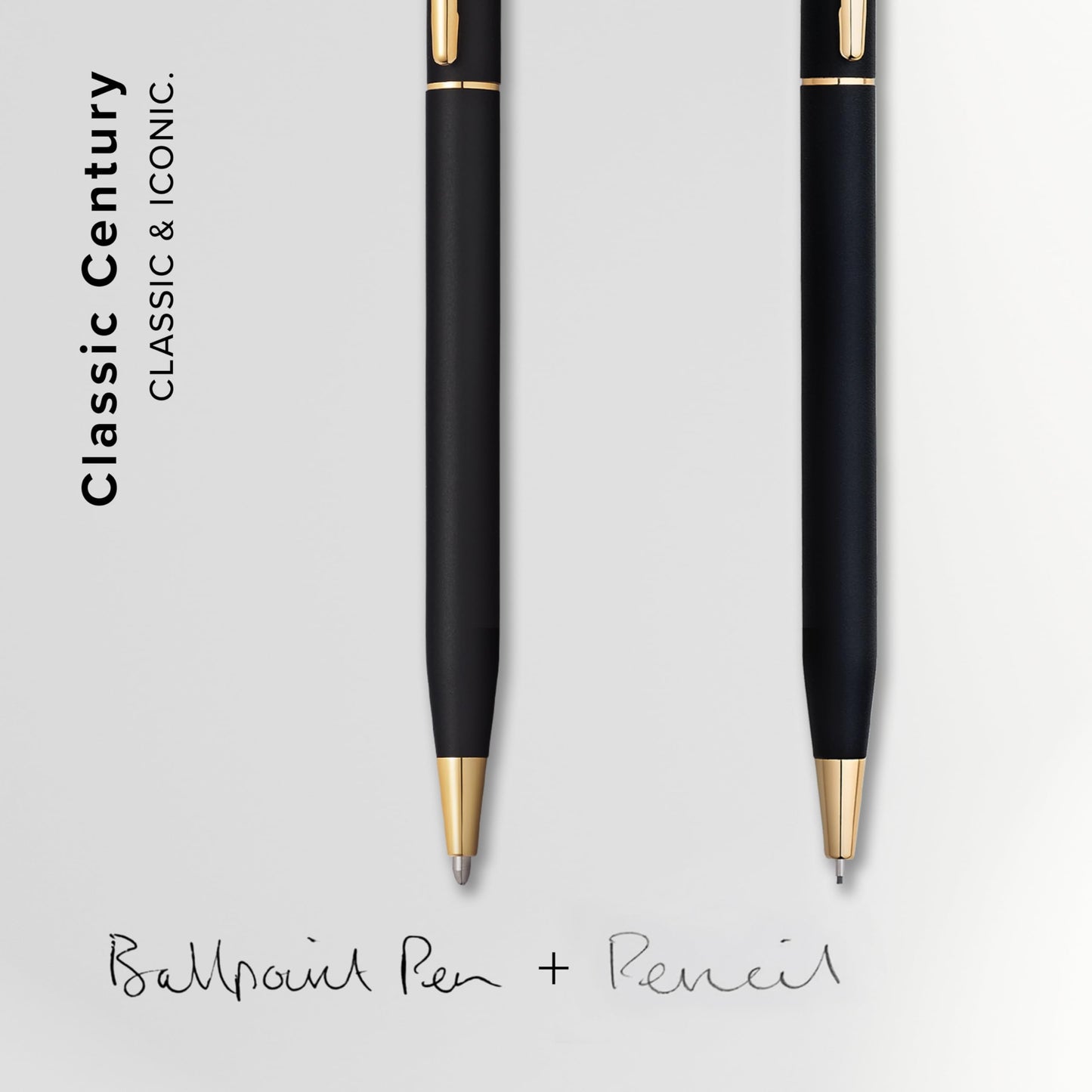 Black ballpoint pen and 0.7mm pencil set with gold accents