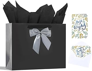 13-inch Black Gift Bag Set with Bow and Tissues