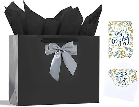 13-inch Black Gift Bag Set with Bow and Tissues