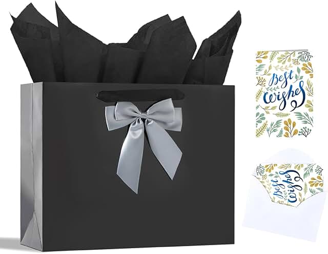 13-inch Black Gift Bag Set with Bow and Tissues