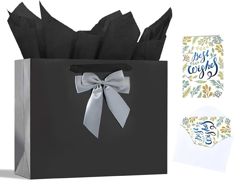 13-inch Black Gift Bag Set with Bow and Tissues