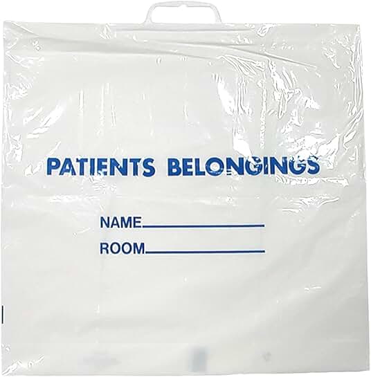 Plastic Patient Belonging Bag, 20" x 18.5", Clear with Blue Print