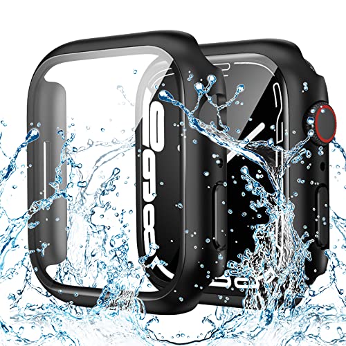 Waterproof Case Compatible with Apple Watch 44mm SE Series 6 5 4 with Tempered Glass Screen Protector, iWatch Full Protective Hard PC Bumper Case Face Cover for Men Women (44 mm,Black)
