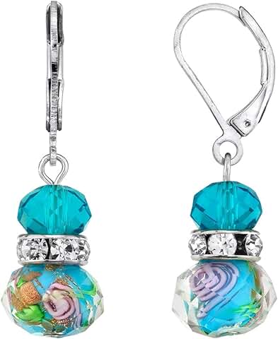 Pink floral glass beaded and crystal drop earrings