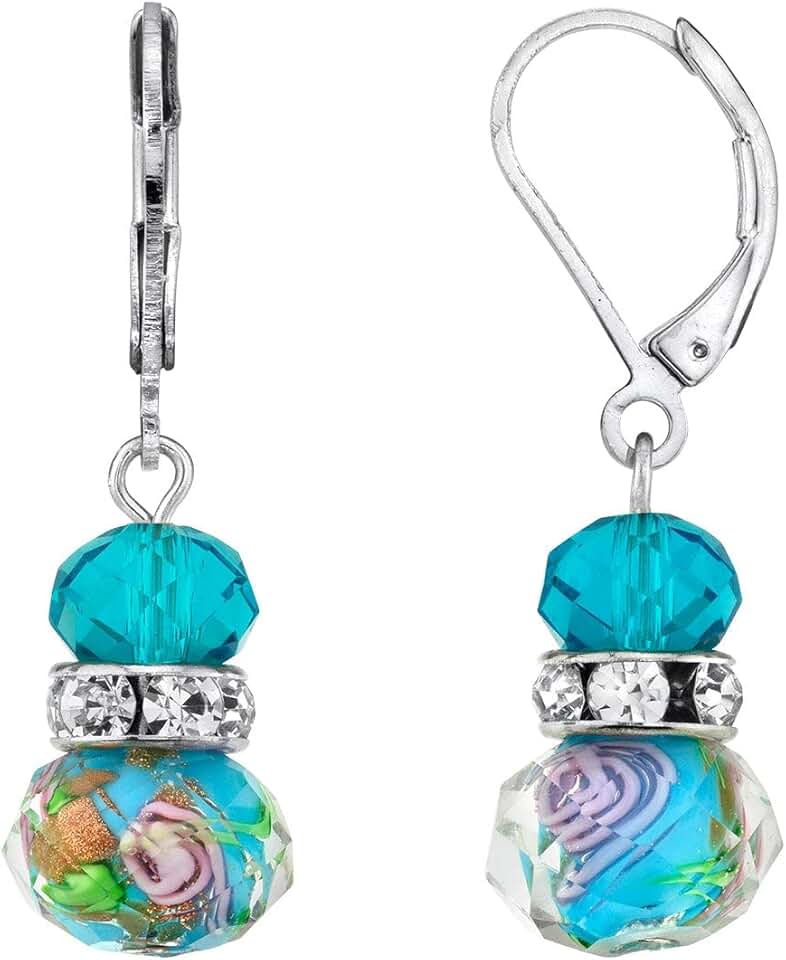 Pink floral glass beaded and crystal drop earrings