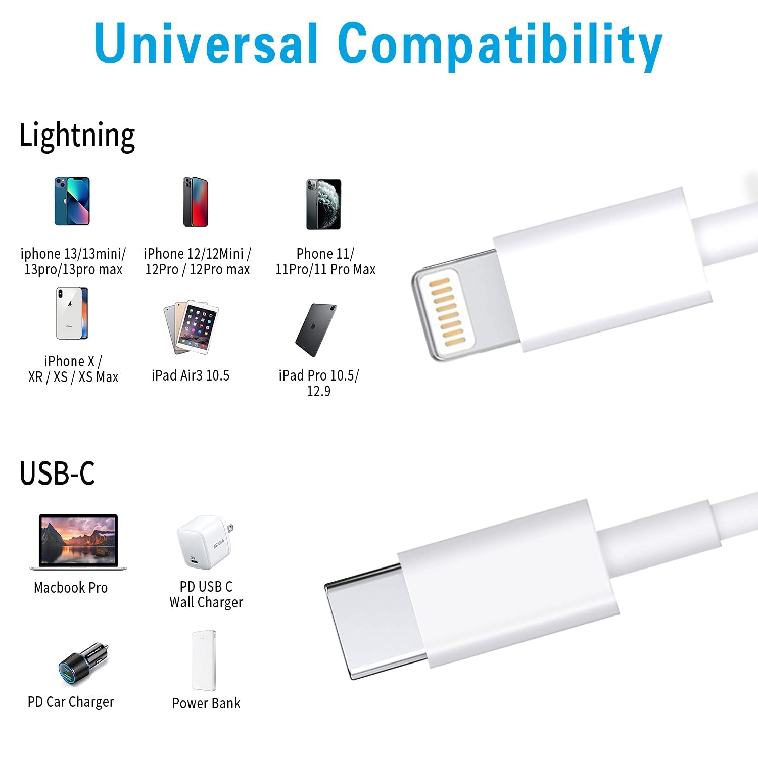 USB C to Lightning Cable 3Pack 6FT [Apple MFi ] iPhone Fast Charger Cable USB-C Power Delivery Charging Cord for iPhone 14/13/12/12 PRO Max/12 Mini/11/11PRO/XS/Max/XR/X/8/8Plus/iPad, White