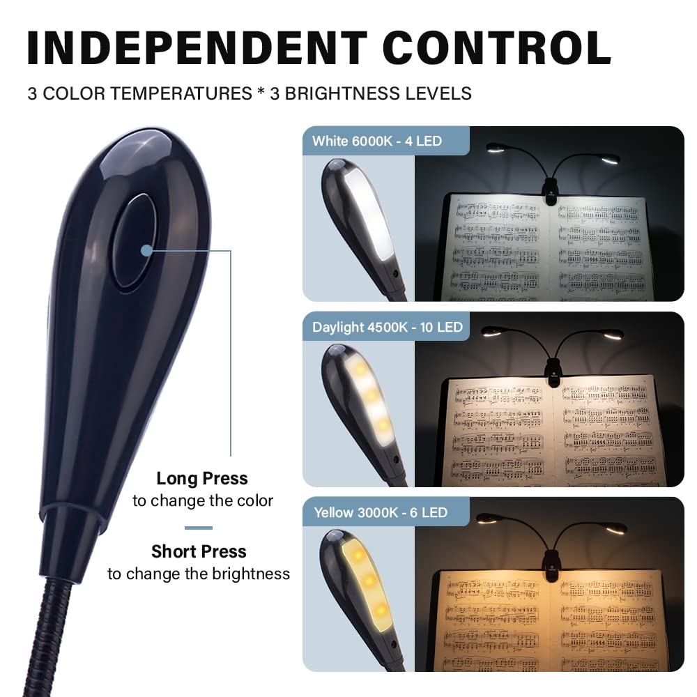 10 LED Music Stand Light, USB/AAA Battery Operated Book Light, Eye-Cared Clip on Light, 3 Brightness3 Color Light up 2 Full Pages, Perfect for Readers, Kids, Music Stand