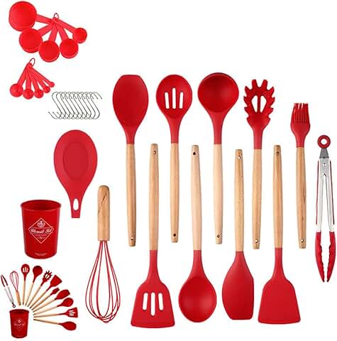 34-Piece Silicone Cookware Set with Wooden Handles