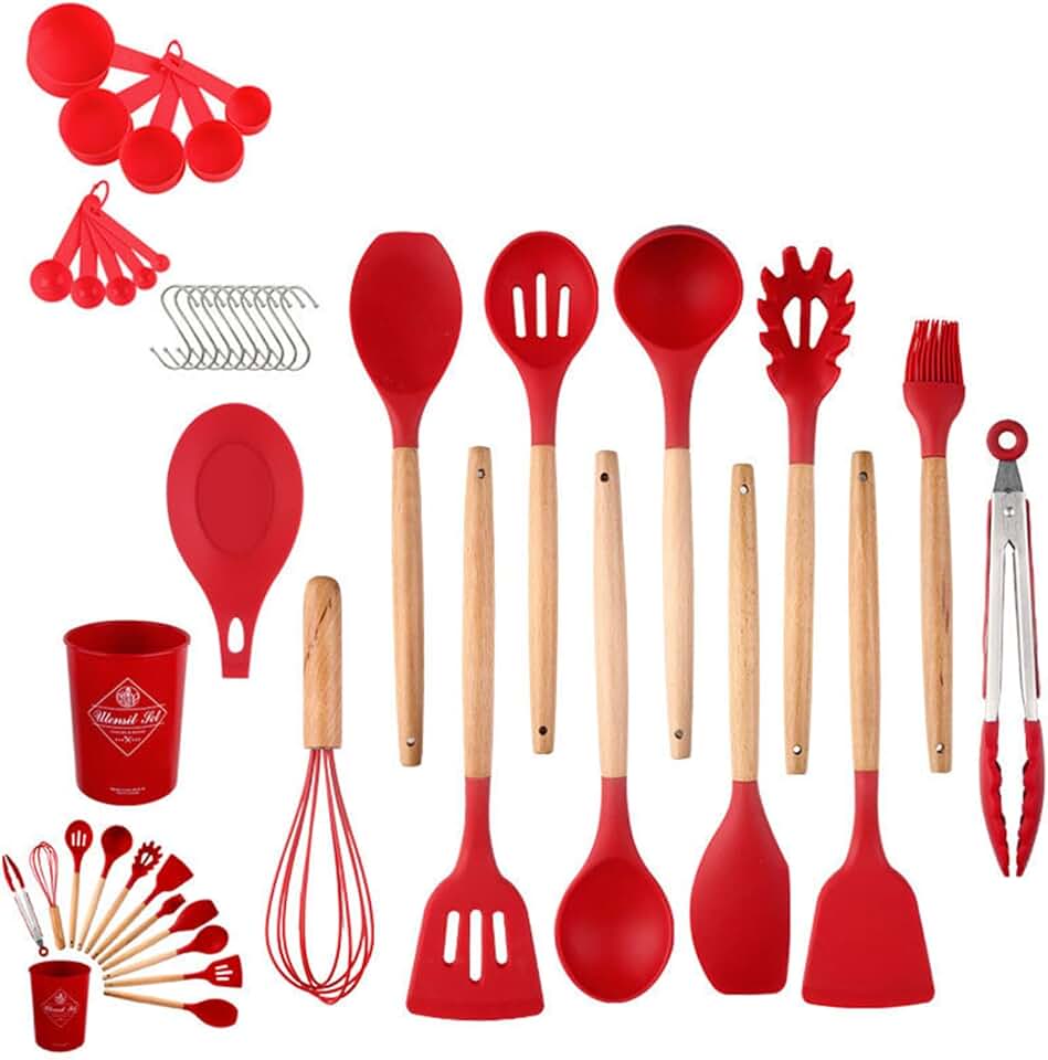 34-Piece Silicone Cookware Set with Wooden Handles