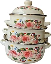 Set of three enamel stockpots with lids for home cooking
