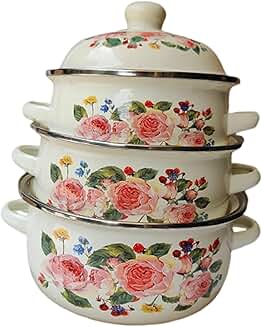 Set of three enamel stockpots with lids for home cooking